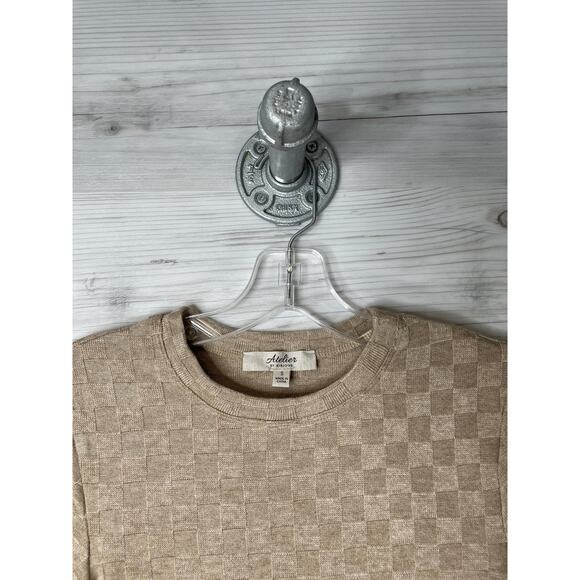 Atelier By Kirious Shirt Womens Small Beige Checkered Textured Knit Crop Top Tee - Picture 2 of 9